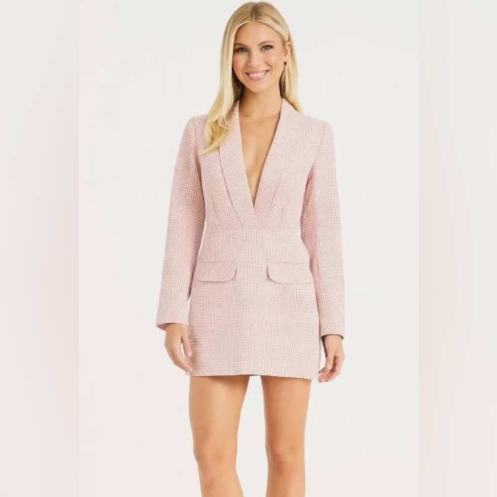 Choosy Pink Houndstooth Blazer Dress Deep V Long Sleeve Jacket Dress NWT SZ 2